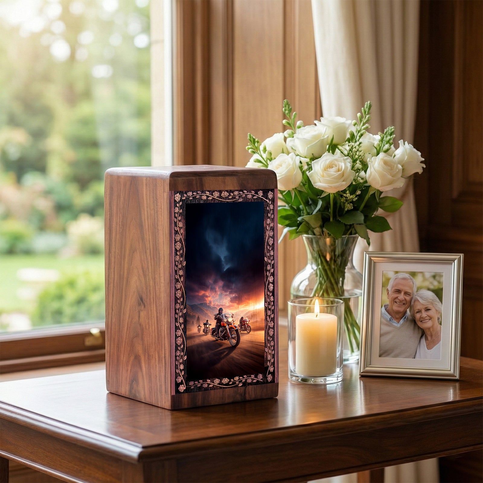 Biker Sunset Theme Memorial Urn - Handmade Wooden Cremation Urn For Mom & Dad