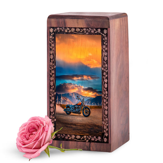 Golden Sunset Bike Theme Funeral - Bike Memorial Rosewood Urn For Ashes