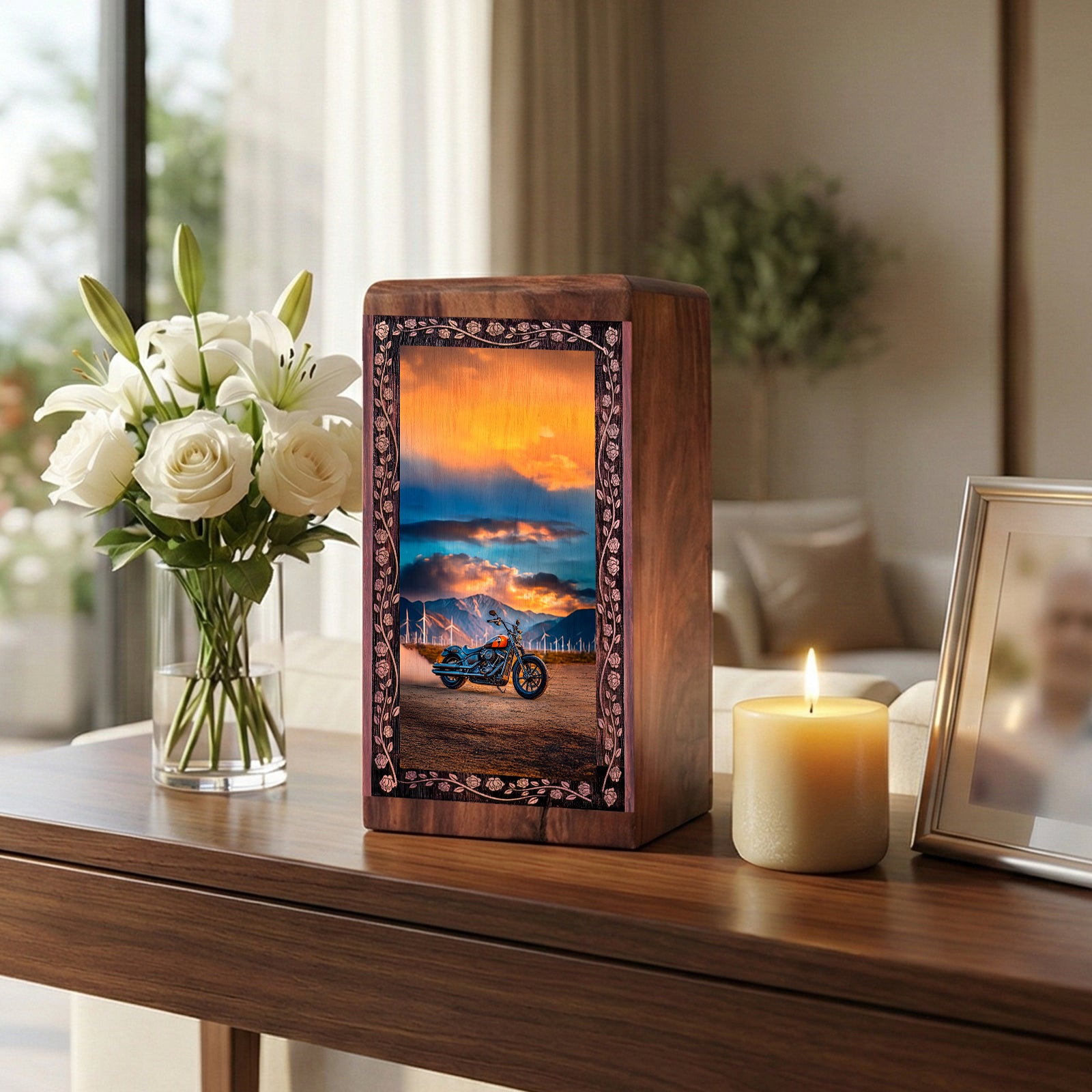 Golden Sunset Bike Theme Funeral - Bike Memorial Rosewood Urn For Ashes