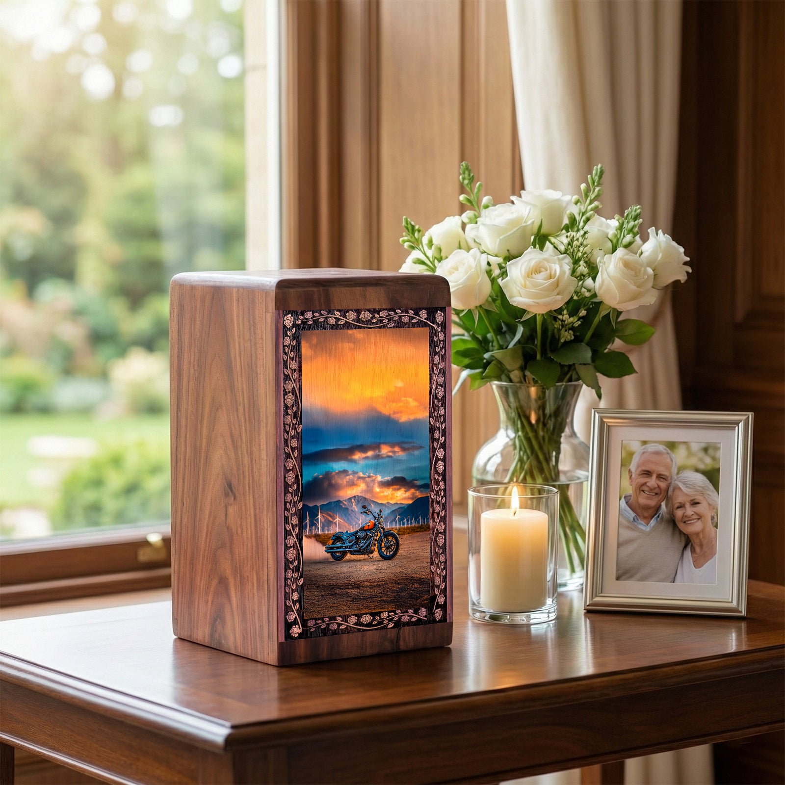 Golden Sunset Bike Theme Funeral - Bike Memorial Rosewood Urn For Ashes