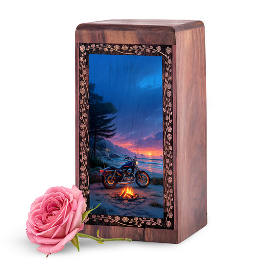 Motorcycle Funeral Urn For Cremation- Beach Sunset Theme Keepshake Box For Man