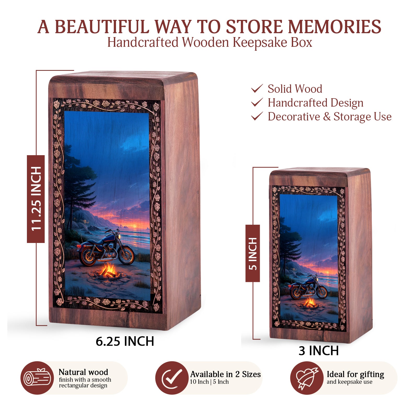 Motorcycle Funeral Urn For Cremation- Beach Sunset Theme Keepshake Box For Man