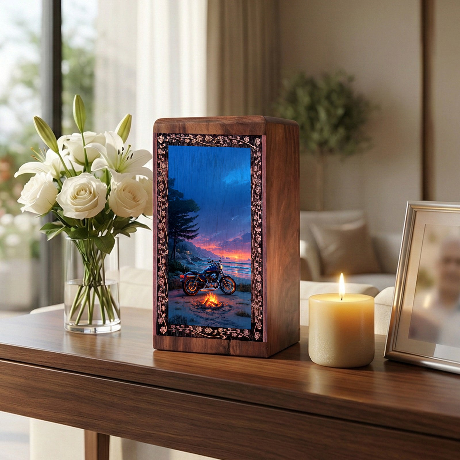 Motorcycle Funeral Urn For Cremation- Beach Sunset Theme Keepshake Box For Man