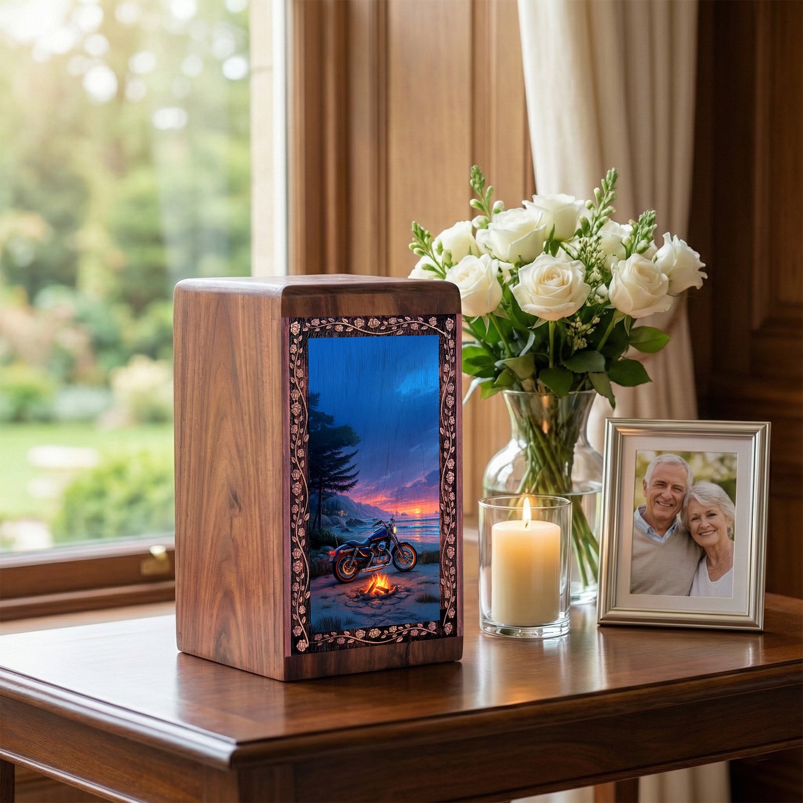 Motorcycle Funeral Urn For Cremation- Beach Sunset Theme Keepshake Box For Man