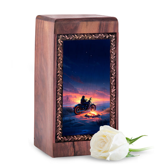 Bike Cremation Urn For Human Ashes - Coastal Night Campfire Theme Large Wooden Box