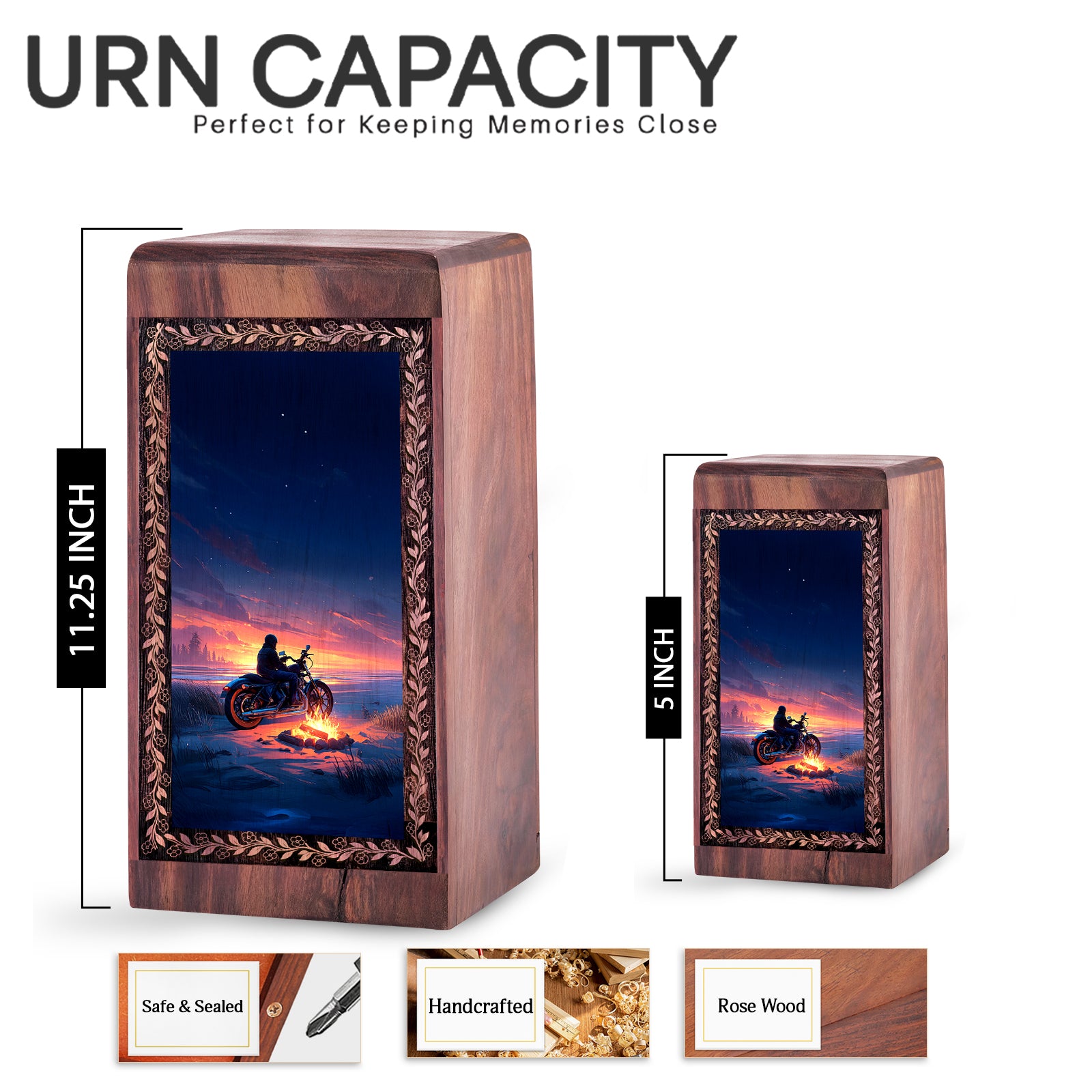 Bike Cremation Urn For Human Ashes - Coastal Night Campfire Theme Large Wooden Box