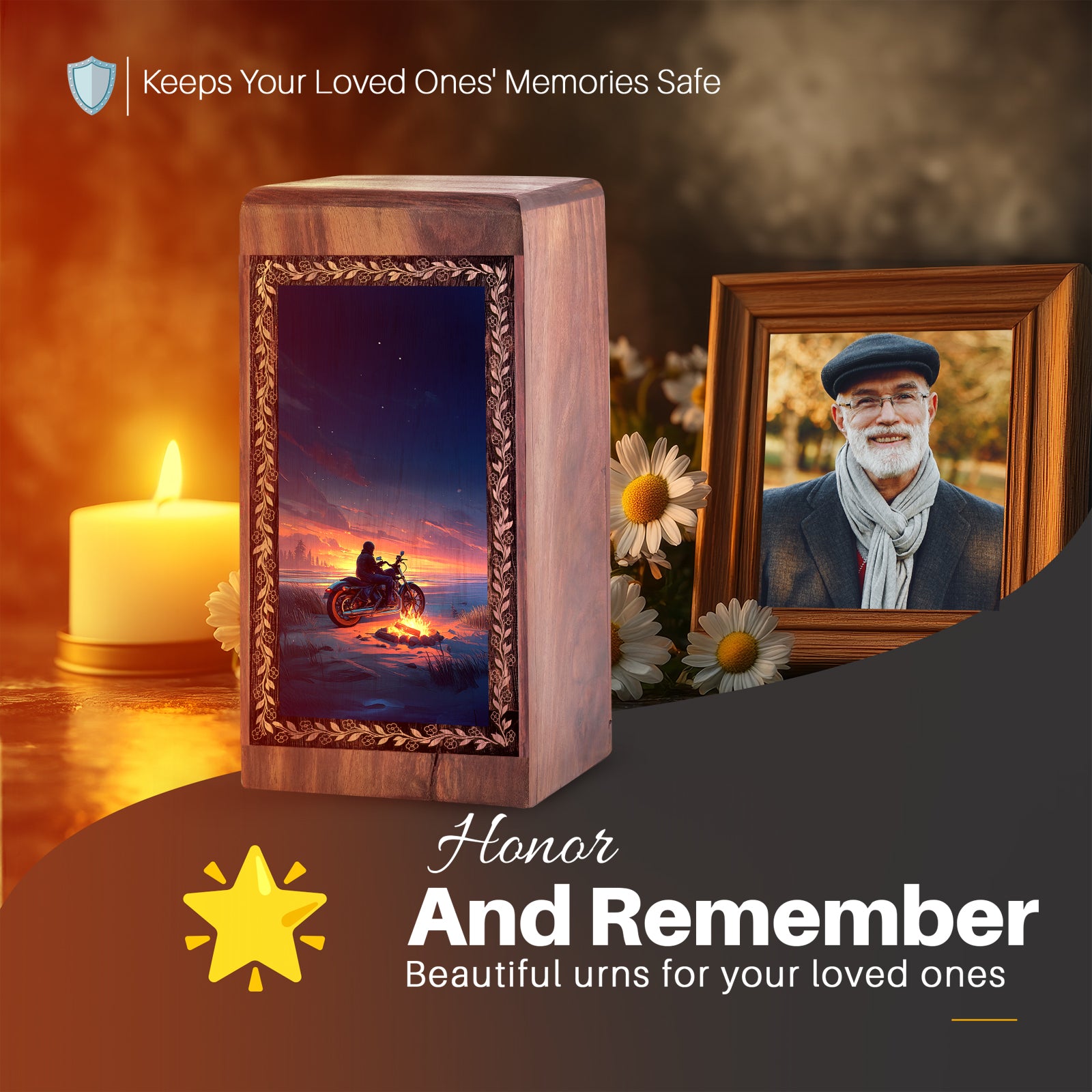 Bike Cremation Urn For Human Ashes - Coastal Night Campfire Theme Large Wooden Box