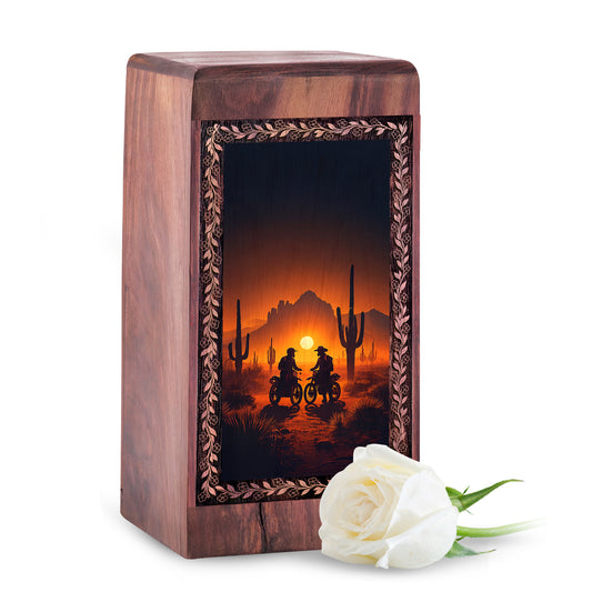 Handmade Bike Cremation Urn - Western Ride Sunset Memorial Keepshake For Ashes