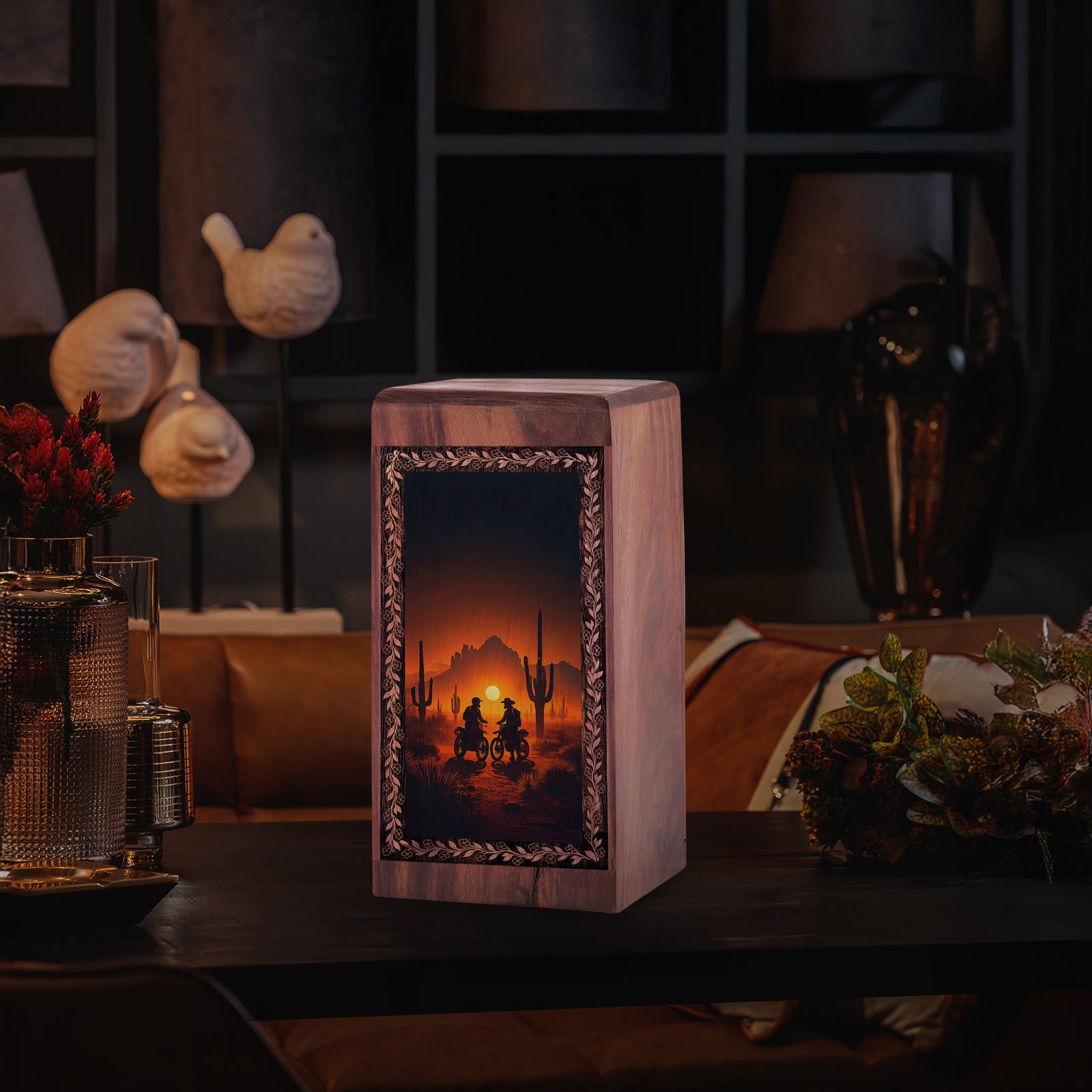Handmade Bike Cremation Urn - Western Ride Sunset Memorial Keepshake For Ashes