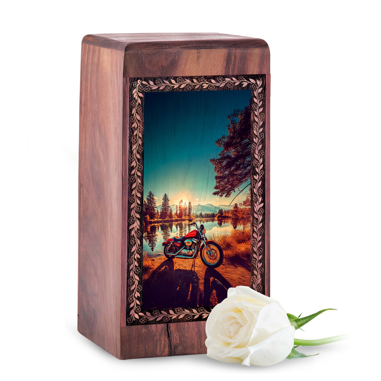 Tranquil Lake Sunset Theme Wooden Urn - Memorial Keepshake For Cremation