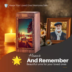 Tranquil Lake Sunset Theme Wooden Urn - Memorial Keepshake For Cremation