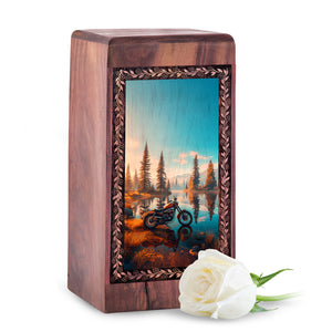 Motorcycle Funeral Urn For Ashes - Peaceful Forest Lake Ride Theme For Burial