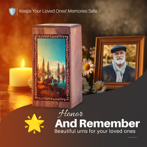 Motorcycle Funeral Urn For Ashes - Peaceful Forest Lake Ride Theme For Burial