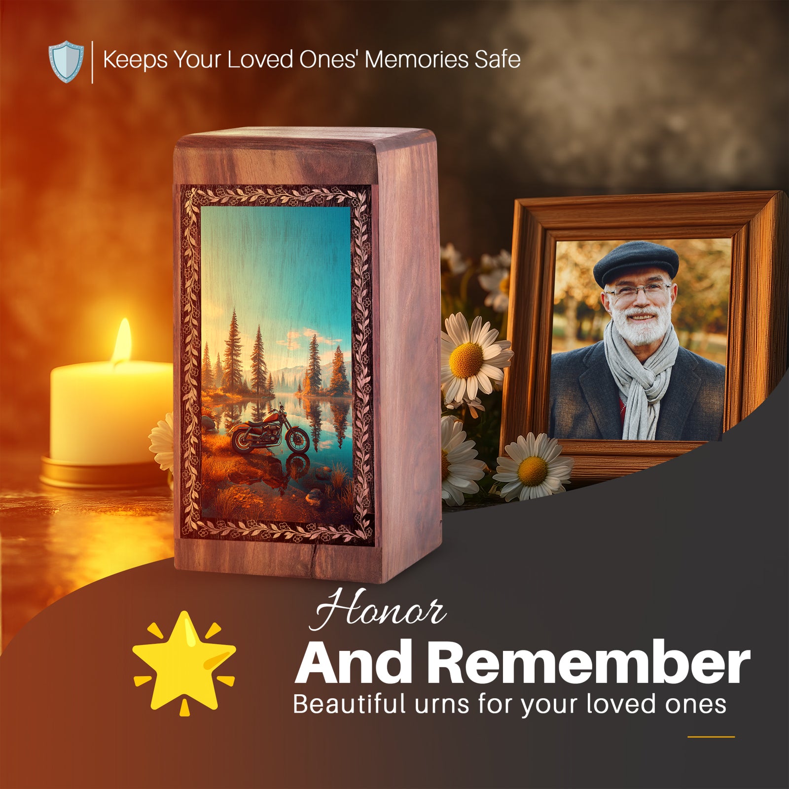 Motorcycle Funeral Urn For Ashes - Peaceful Forest Lake Ride Theme For Burial
