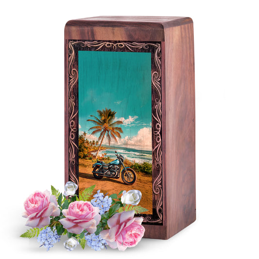 Bike Funeral Urn - Peaceful Memorial Bike Art Wood Cremation Box for Adult Ashes