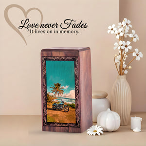 Bike Funeral Urn - Peaceful Memorial Bike Art Wood Cremation Box for Adult Ashes
