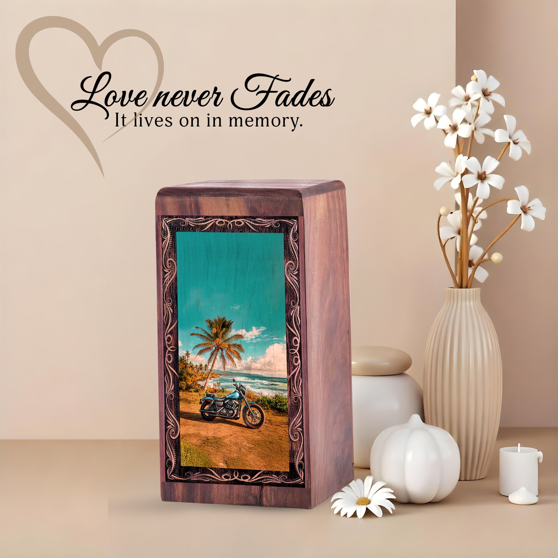Bike Funeral Urn - Peaceful Memorial Bike Art Wood Cremation Box for Adult Ashes