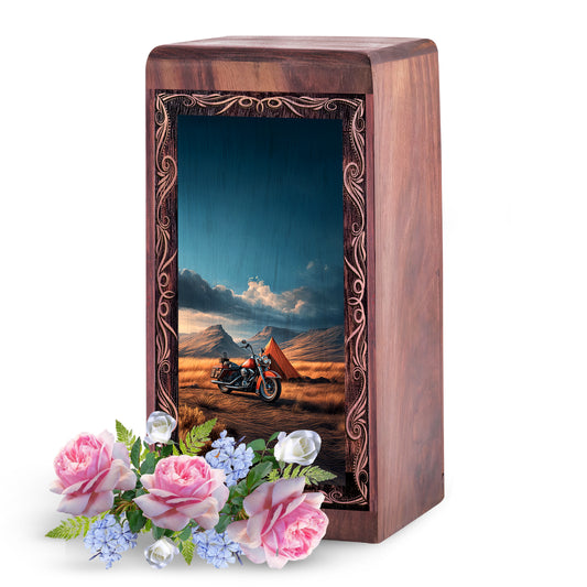 Biker Memorial Cremation Box - Motorcycle Scene Wooden Urn for Ashes