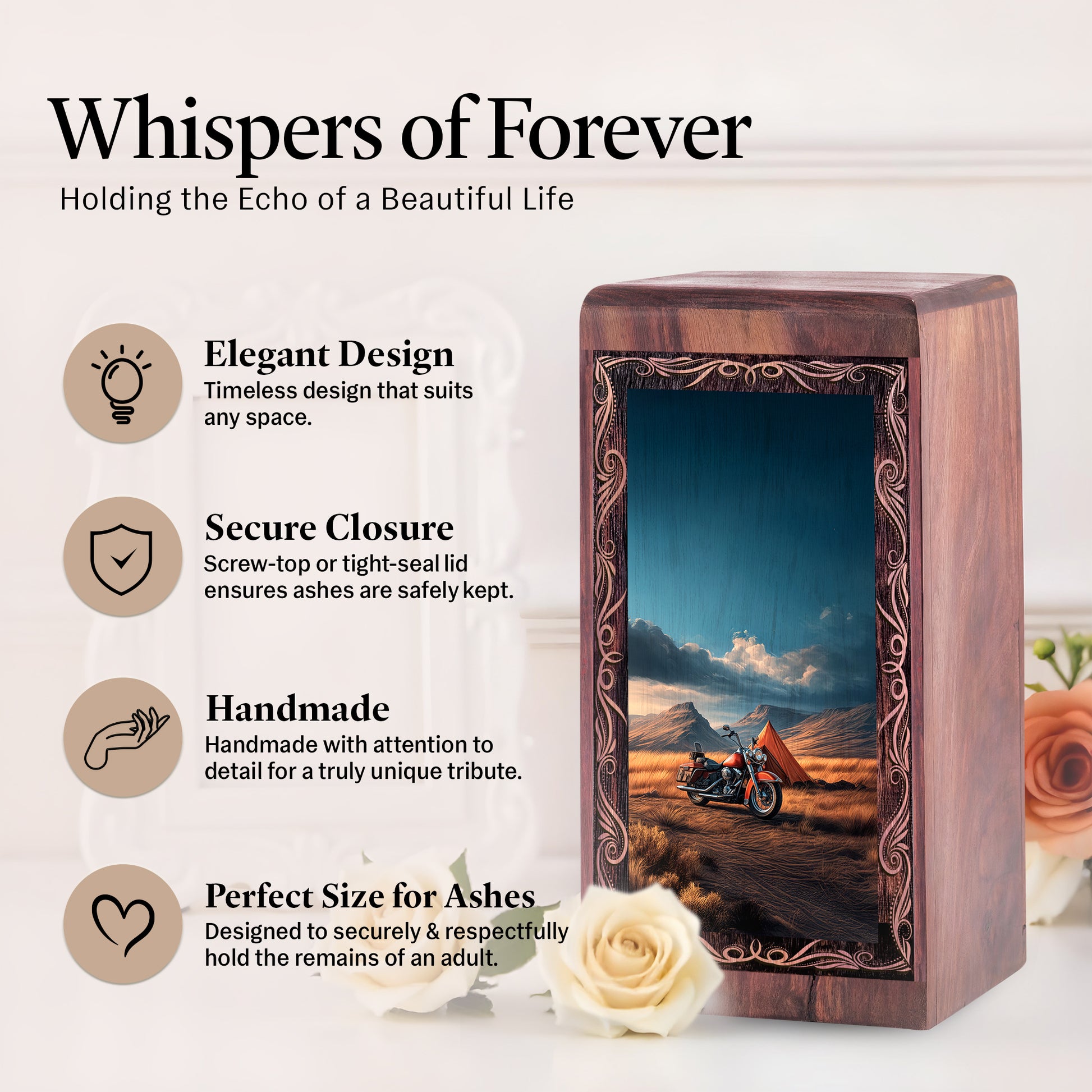 Biker Memorial Cremation Box - Motorcycle Scene Wooden Urn for Ashes