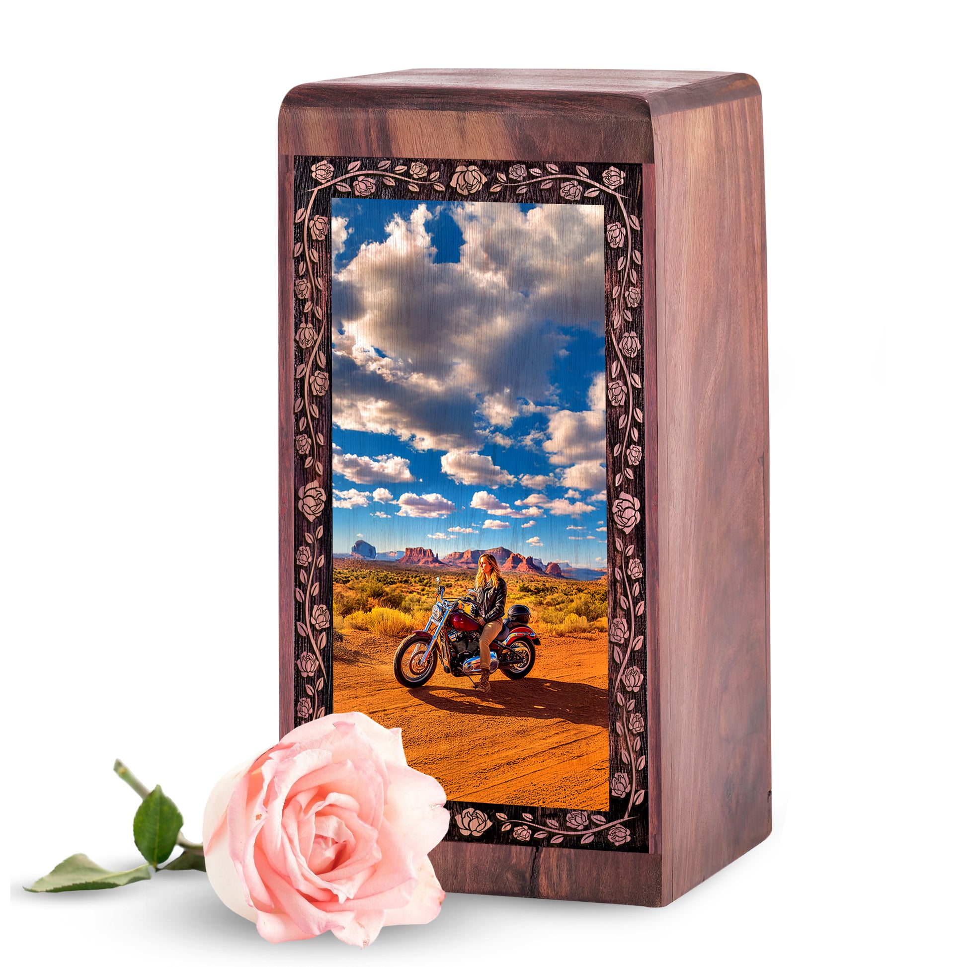 Adventure Riding Bike Theme Cremation Urn - Wooden Box For Ashes