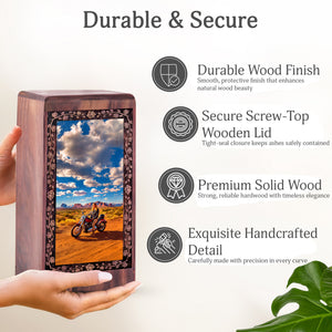 Adventure Riding Bike Theme Cremation Urn - Wooden Box For Ashes