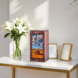 Adventure Riding Bike Theme Cremation Urn - Wooden Box For Ashes
