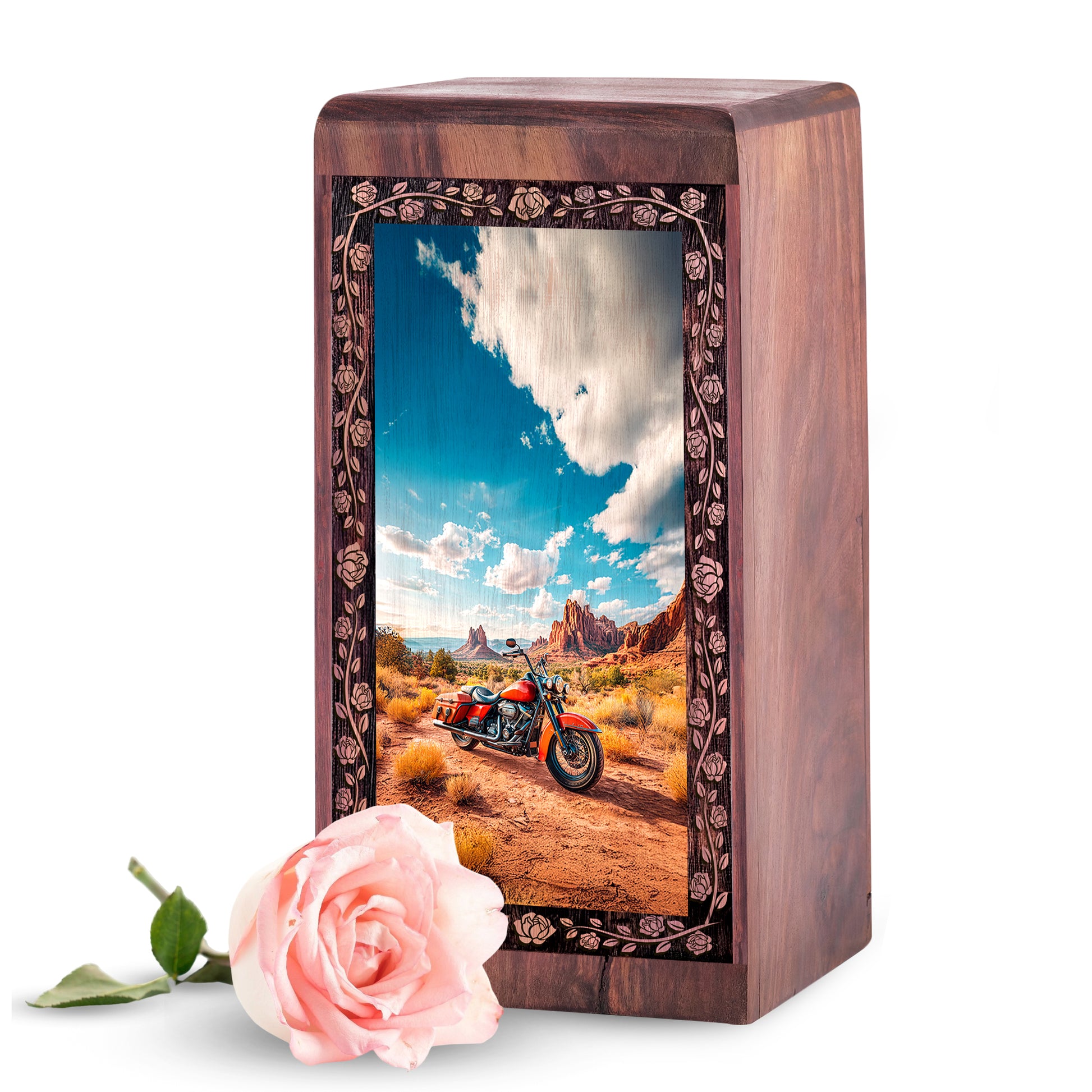 Handmade Rosewood Biker Urn - 3D Adventure Motorcycle Cremation Box