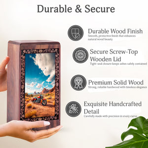 Handmade Rosewood Biker Urn - 3D Adventure Motorcycle Cremation Box