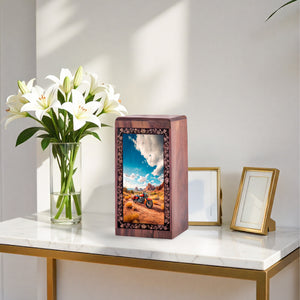 Handmade Rosewood Biker Urn - 3D Adventure Motorcycle Cremation Box