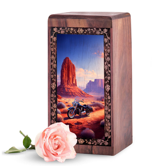 Adventure Riding Bike Theme Cremation Urn - Wooden Box For Ashes