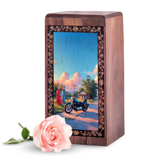 Mountain Valley Riding Bike Theme Cremation Urn - Wood Box For Human Adults