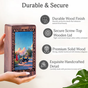 Mountain Valley Riding Bike Theme Cremation Urn - Wood Box For Human Adults