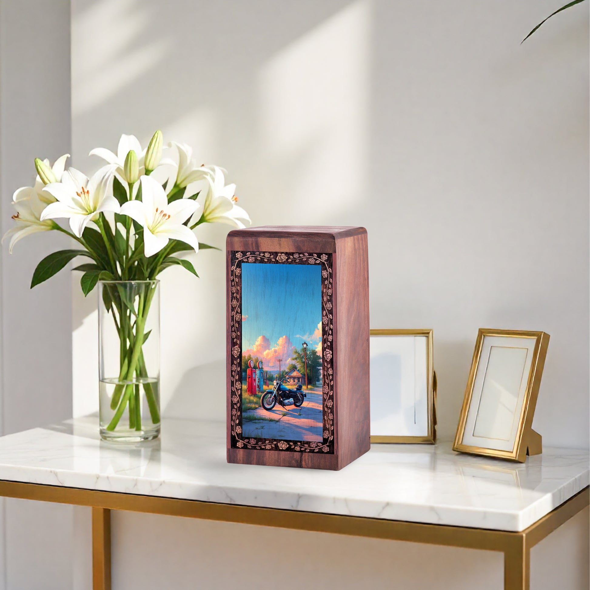 Mountain Valley Riding Bike Theme Cremation Urn - Wood Box For Human Adults