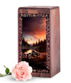 Sunset Mountain Biker Cremation Urn - Large Wood Box for Human Ashes