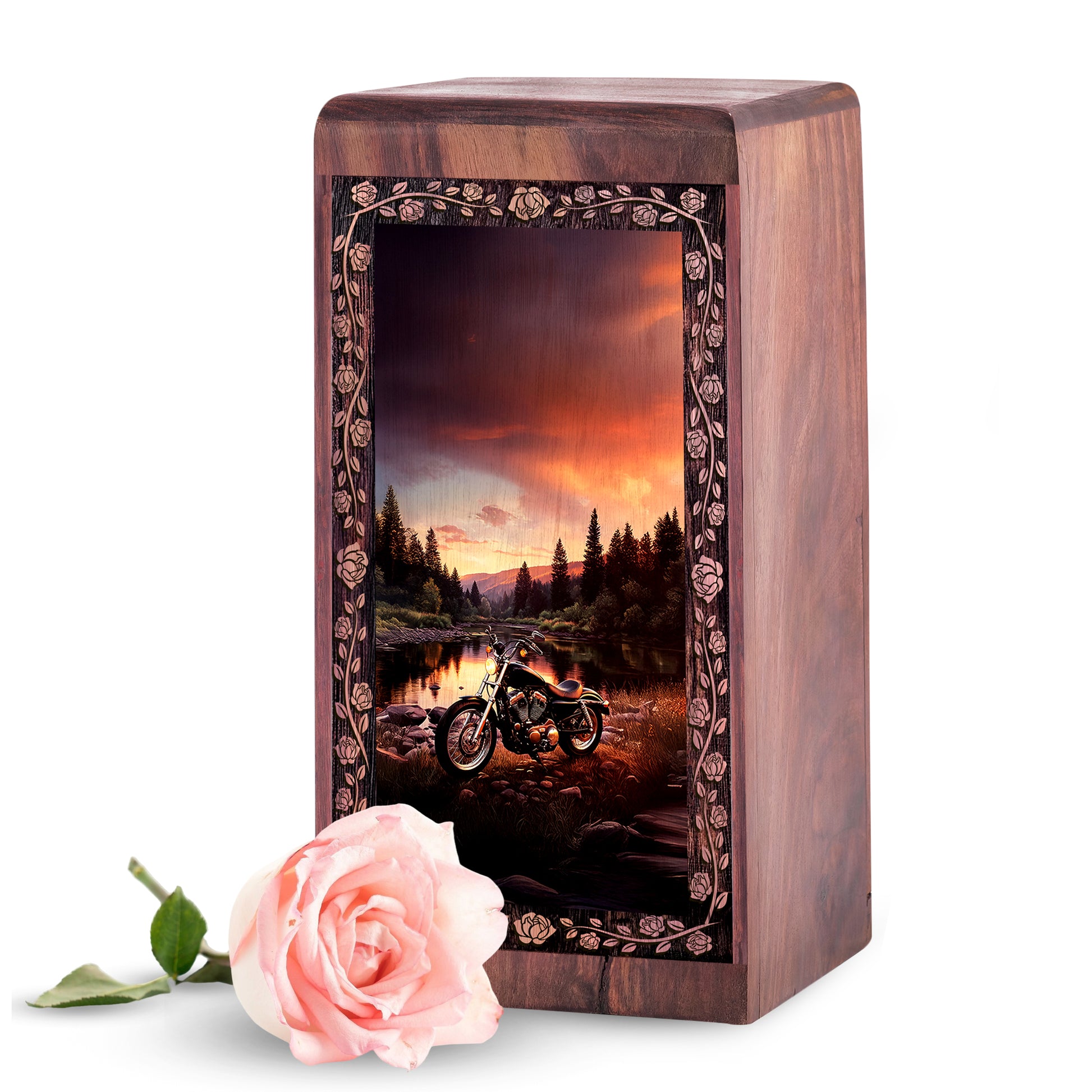 Sunset Mountain Biker Cremation Urn - Large Wood Box for Human Ashes