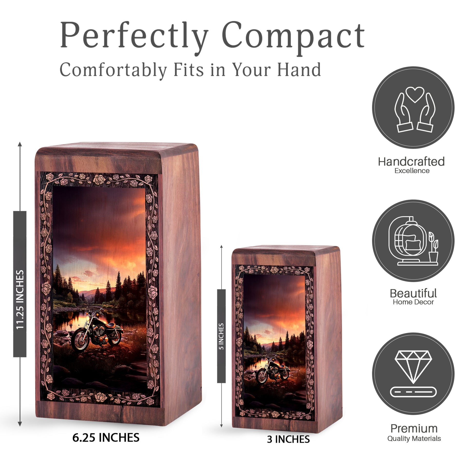 Sunset Mountain Biker Cremation Urn - Large Wood Box for Human Ashes