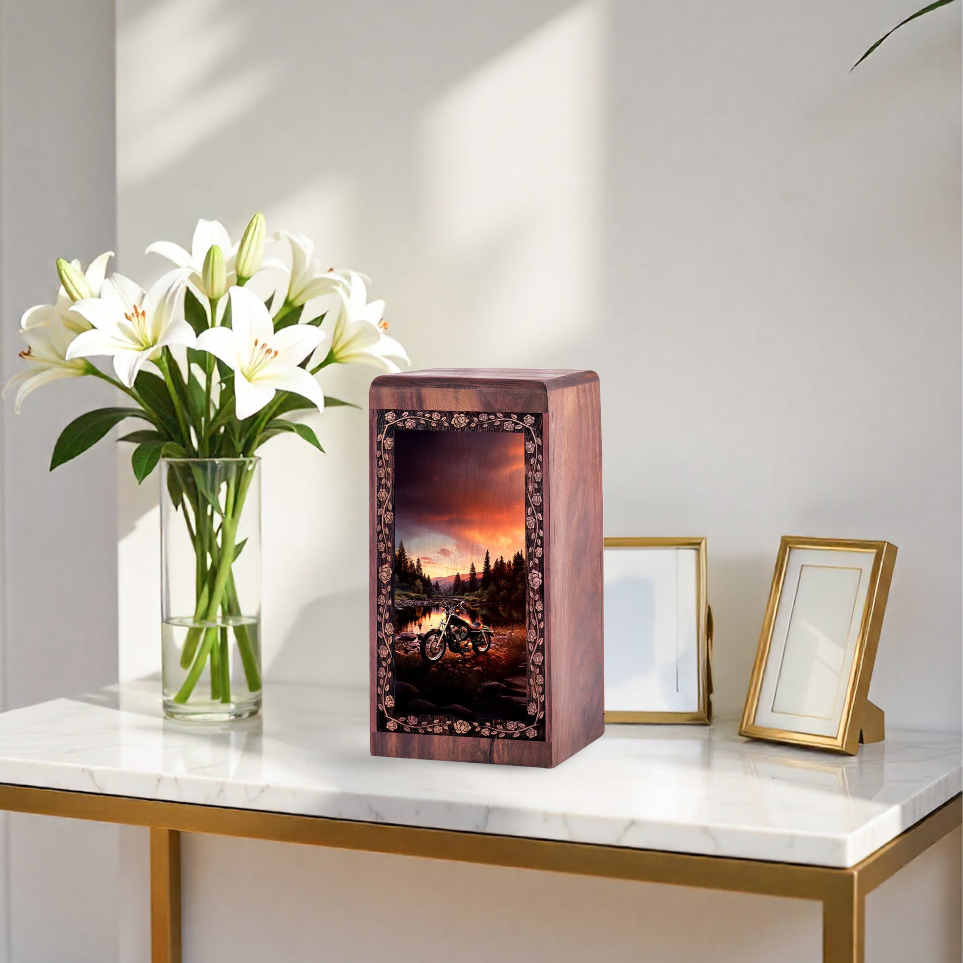 Sunset Mountain Biker Cremation Urn - Large Wood Box for Human Ashes