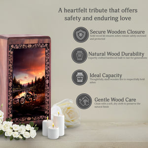 Sunset Mountain Biker Cremation Urn - Large Wood Box for Human Ashes