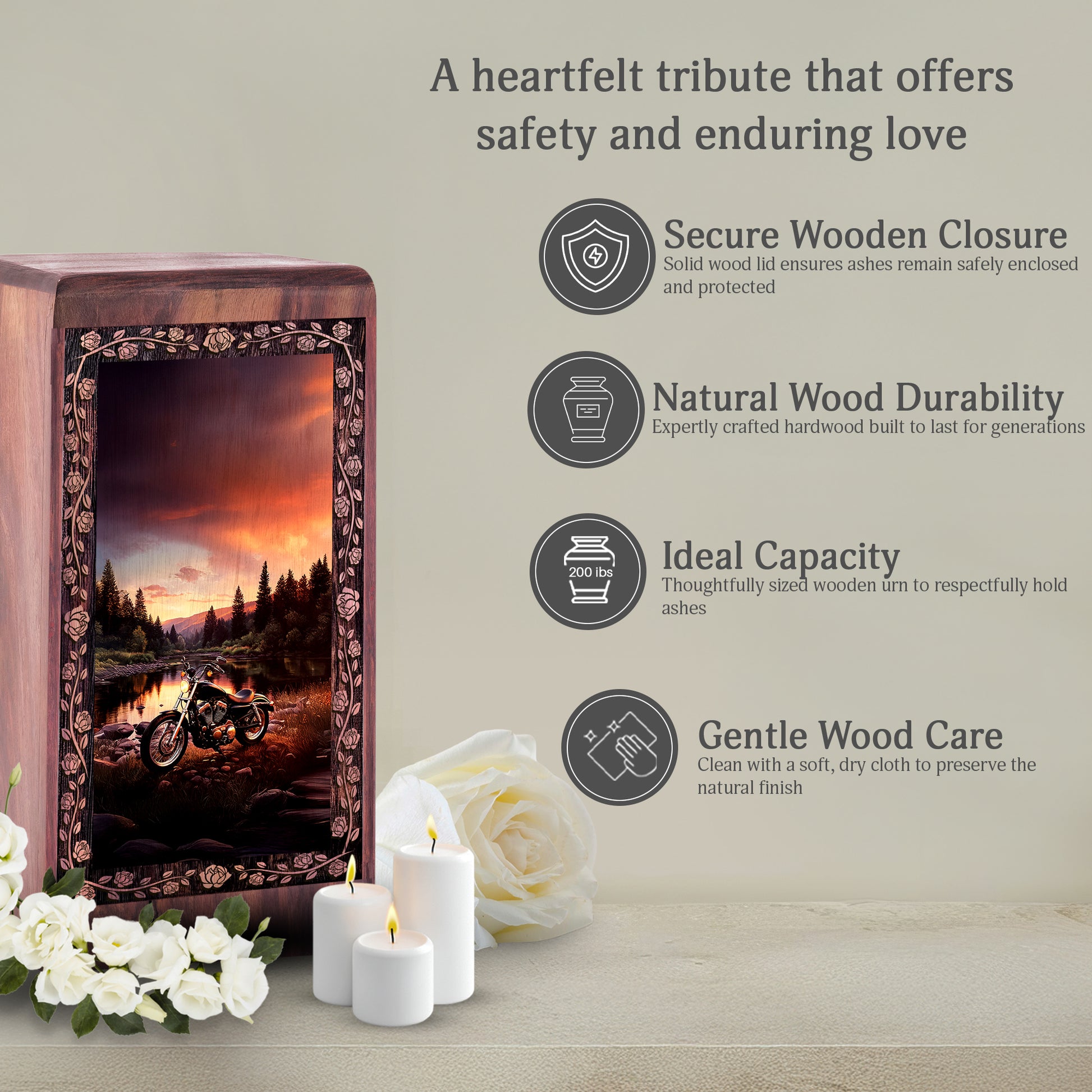 Sunset Mountain Biker Cremation Urn - Large Wood Box for Human Ashes