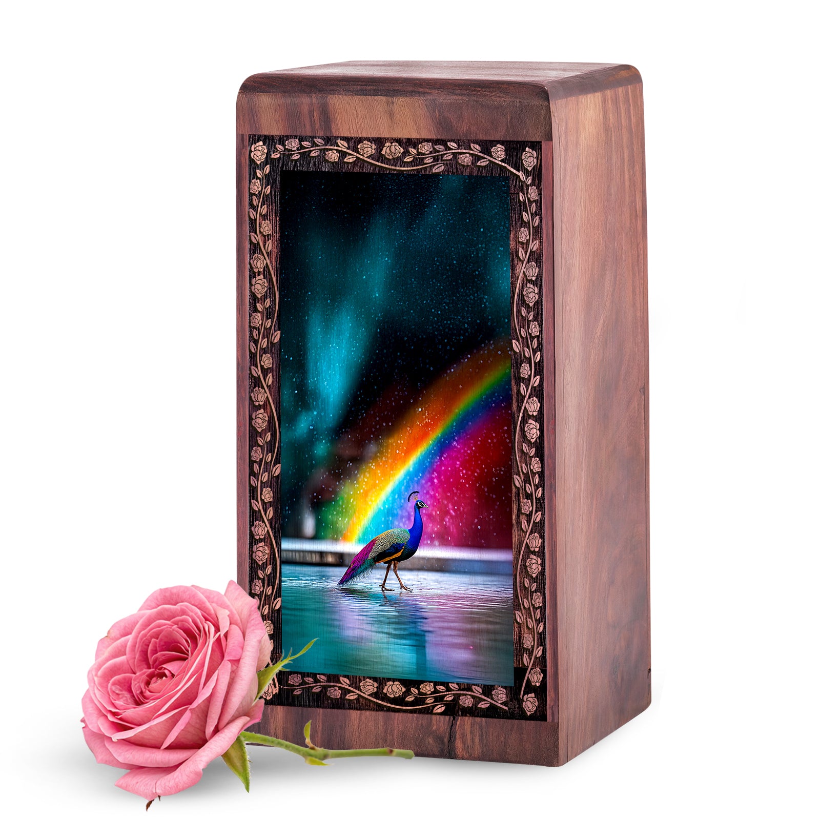 Rainbow Peacock Wooden Urn for Human Ashes – Cremation Box Urn For Human Adult
