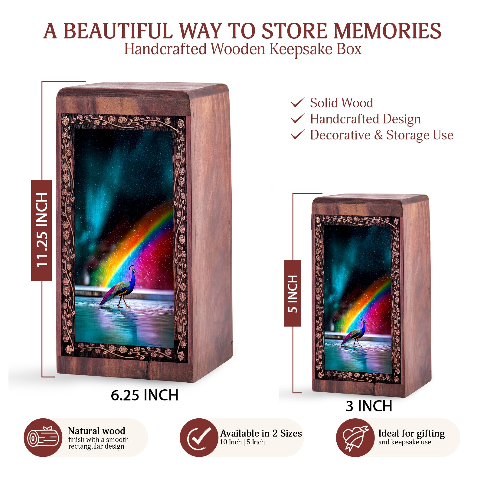 Rainbow Peacock Wooden Urn for Human Ashes – Cremation Box Urn For Human Adult