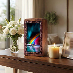 Rainbow Peacock Wooden Urn for Human Ashes – Cremation Box Urn For Human Adult