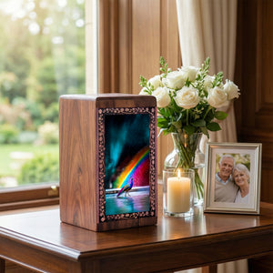 Rainbow Peacock Wooden Urn for Human Ashes – Cremation Box Urn For Human Adult
