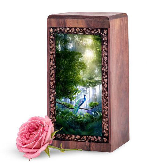 Green Forest Peacock Wooden Urn for Ashes – Memorial Urn For Mom & Dad