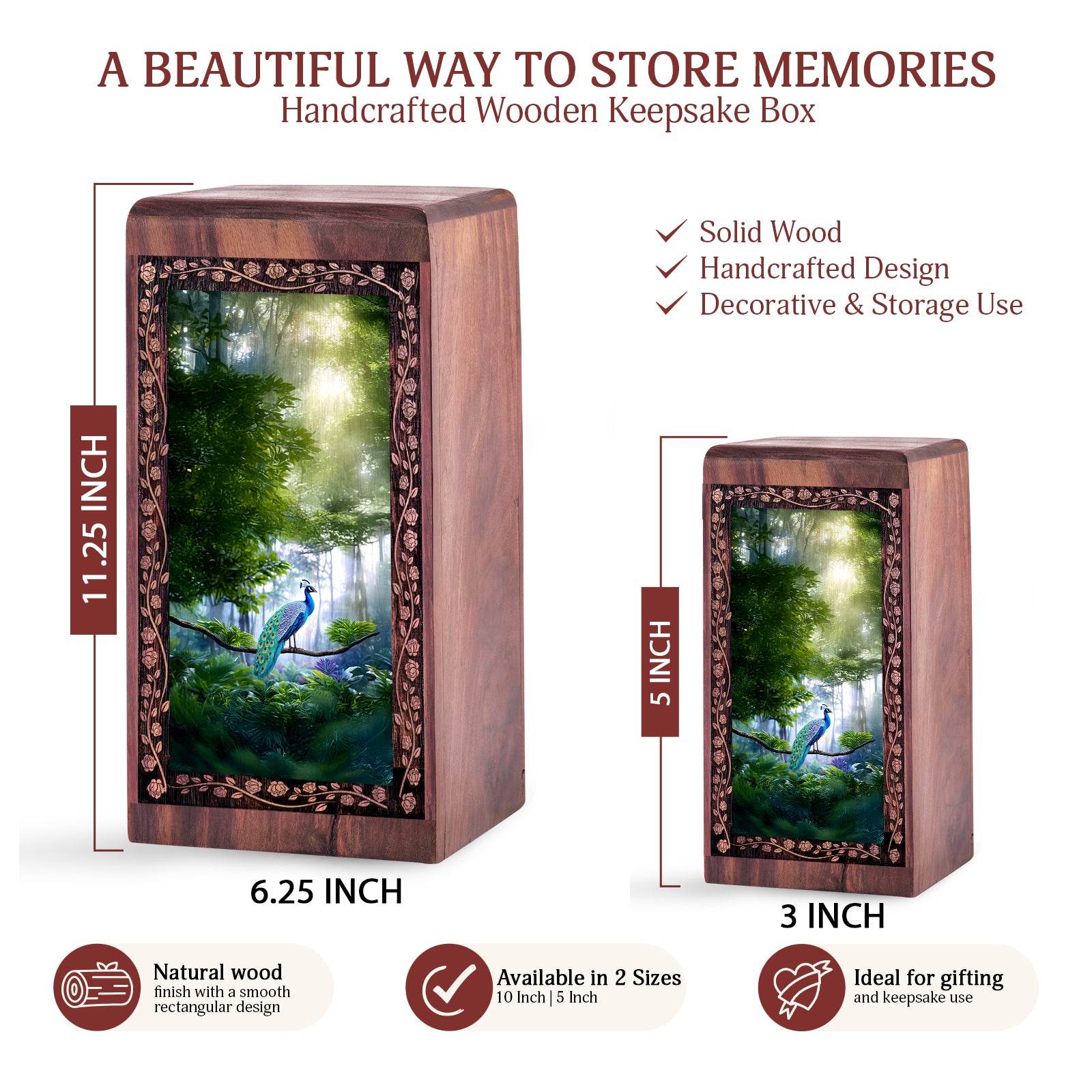 Green Forest Peacock Wooden Urn for Ashes – Memorial Urn For Mom & Dad