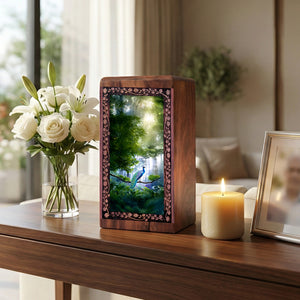 Green Forest Peacock Wooden Urn for Ashes – Memorial Urn For Mom & Dad