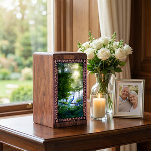 Green Forest Peacock Wooden Urn for Ashes – Memorial Urn For Mom & Dad