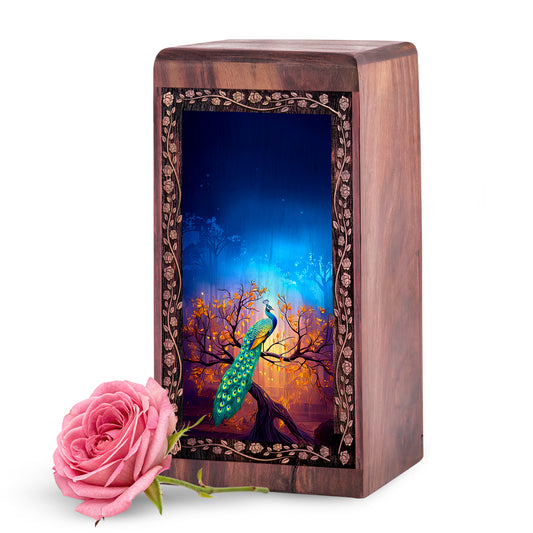 Autumn Night Peacock Wooden Urn for Ashes – Funeral Cremation Box For Male