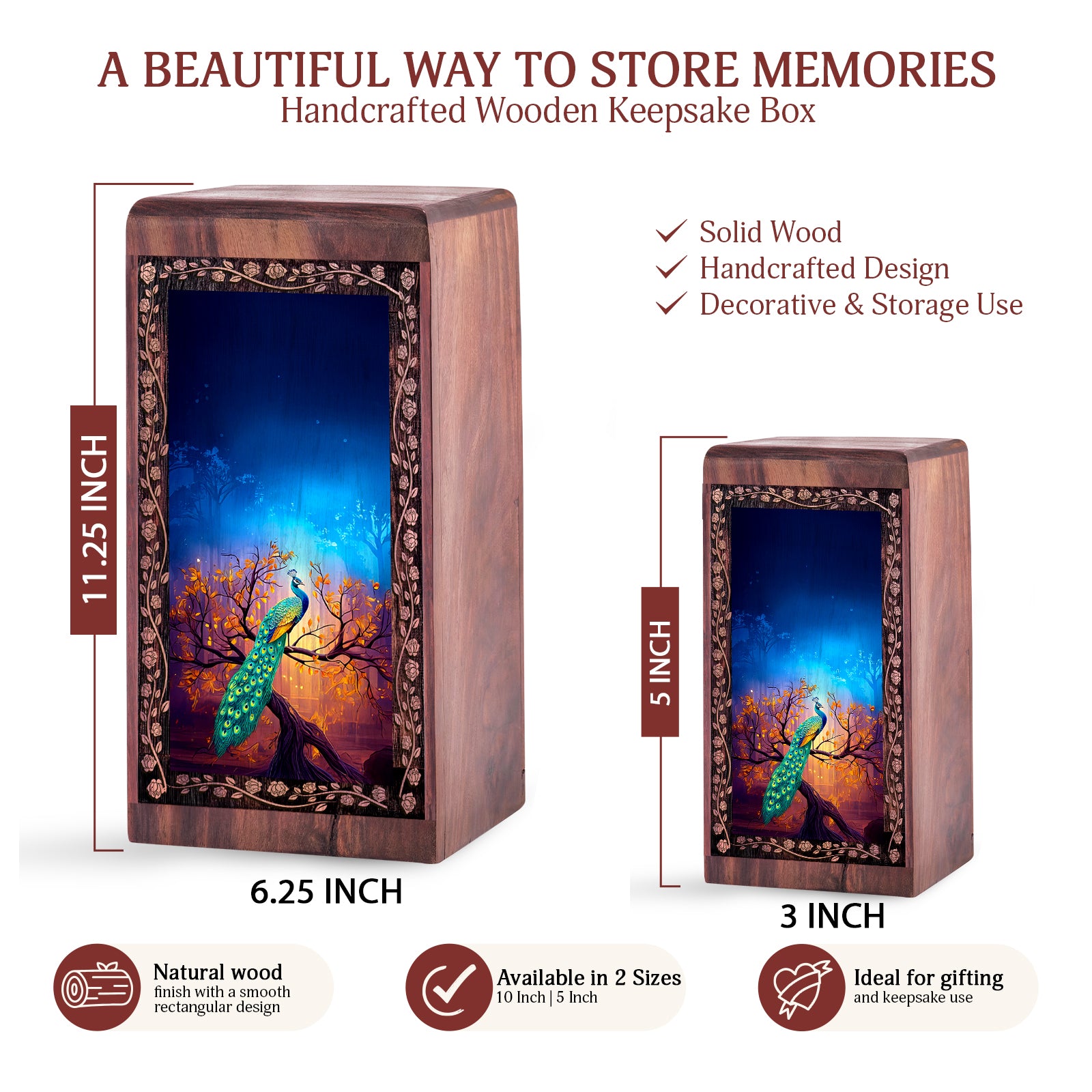 Autumn Night Peacock Wooden Urn for Ashes – Funeral Cremation Box For Male
