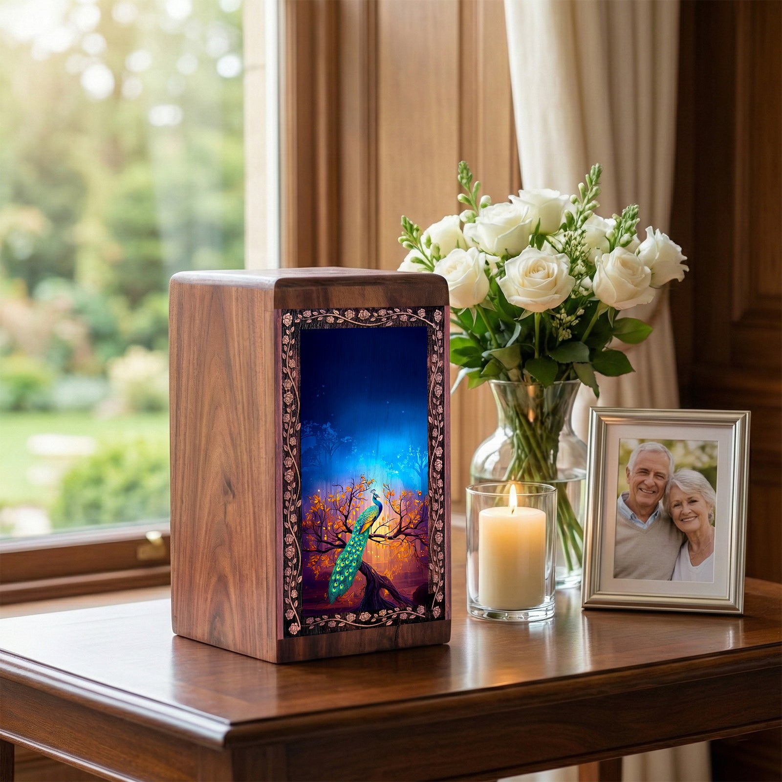Autumn Night Peacock Wooden Urn for Ashes – Funeral Cremation Box For Male